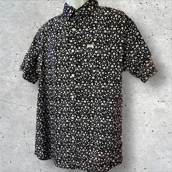 Matix Garage Men's Blue Button-up Short Sleeve Shirt Skulls Tools Size Large - Picture 2 of 10